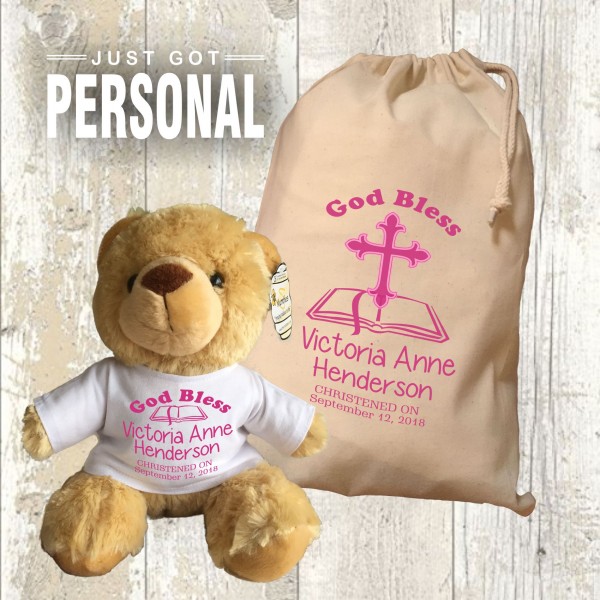 Personalised Baptism/Christening Memento Teddy Bear With Matching Gift Bag - Pink Bible Design